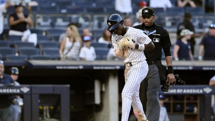 New York Yankees third baseman Jazz Chisholm Jr. (13) crosses the plate after hitting a solo home run against the Texas Rangers during the eighth inning at Yankee Stadium on Aug 10.