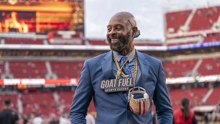 Dec 25, 2023; Santa Clara, California, USA; Retired San Francisco 49ers play Jerry Rice during warmups before the start of the game against the Baltimore Ravens at Levi's Stadium.