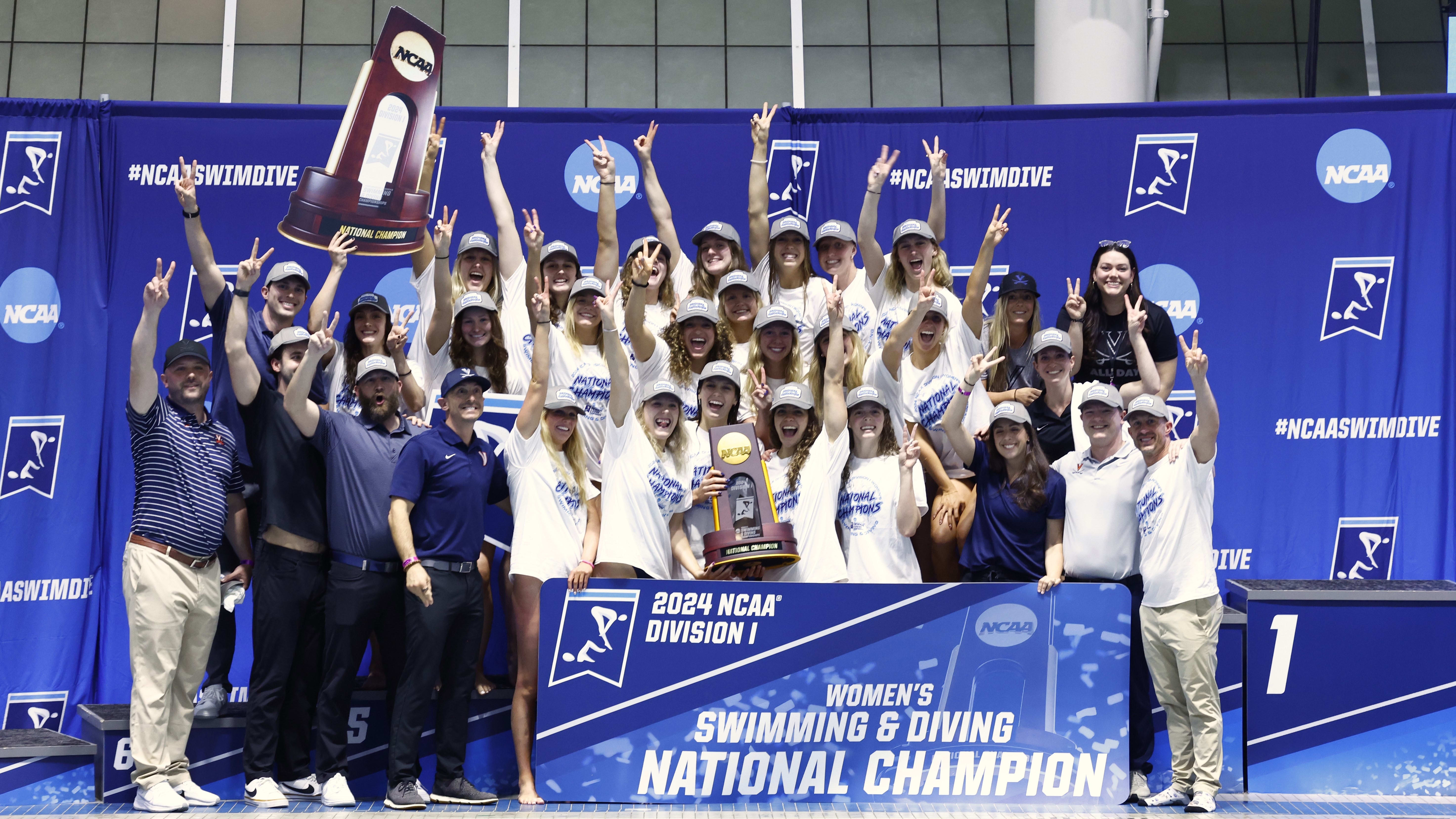 Virginia celebrates winning the 2024 NCAA Division I Women's Swimming & Diving National Championship in Athens, Georgia.