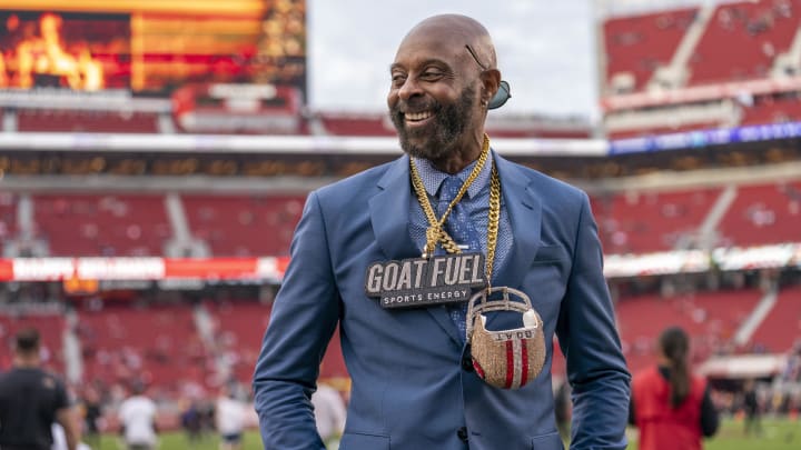 Dec 25, 2023; Santa Clara, California, USA; Retired San Francisco 49ers play Jerry Rice during warmups before the start of the game against the Baltimore Ravens at Levi's Stadium. Mandatory Credit: Neville E. Guard-USA TODAY Sports