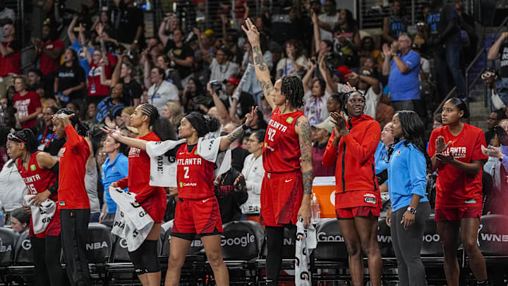 Sep 18, 2025; College Park, Georgia, USA; Atlanta Dream players react on the bench during the game against the Indiana Fever during the first half during game three of round one for the 2025 WNBA Playoffs at Gateway Center Arena at College Park. Mandatory Credit: Dale Zanine-Imagn Images