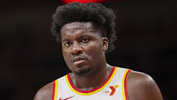 Clint Capela #15 of the Atlanta Hawks reacts against the Chicago Bulls.