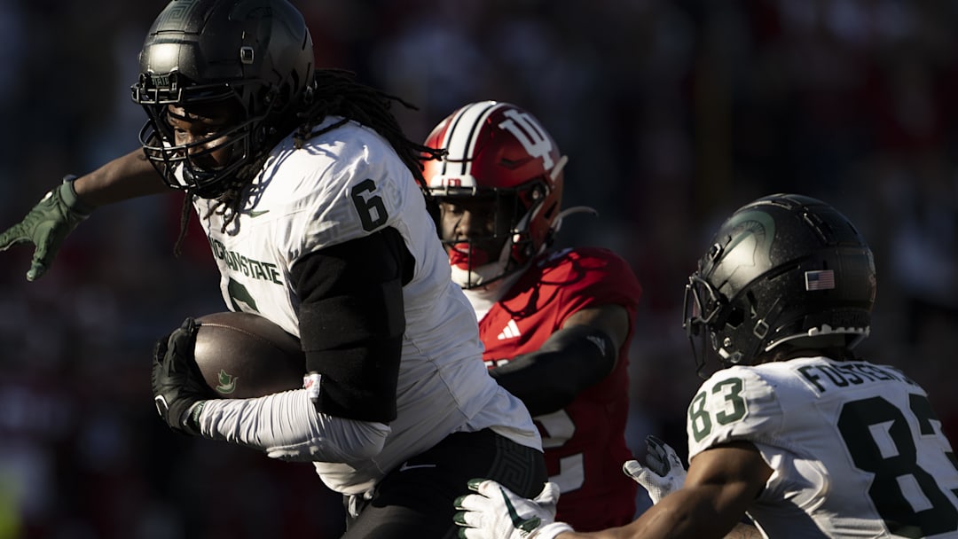 Nov 18, 2023; Bloomington, Indiana, USA; Michigan State Spartans tight end Maliq Carr (6) runs toward the end zone during the second half against the Indiana Hoosiers at Memorial Stadium. Mandatory Credit: Marc Lebryk-Imagn Images Nov 18, 2023; Bloomington, Indiana, USA; Michigan State Spartans tight end Maliq Carr (6) runs toward the end zone during the second half against the Indiana Hoosiers at Memorial Stadium. Mandatory Credit: Marc Lebryk-Imagn Images