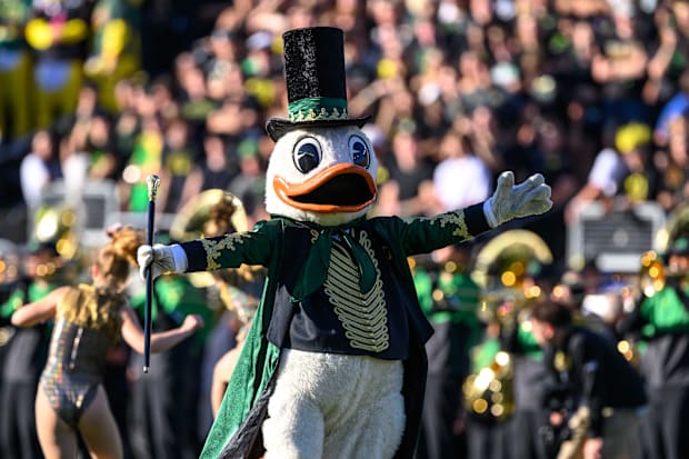 Eugene, Oregon, USA; Oregon Ducks mascot The Duck performs for the crowd before the game against the Ohio State Buckeyes at