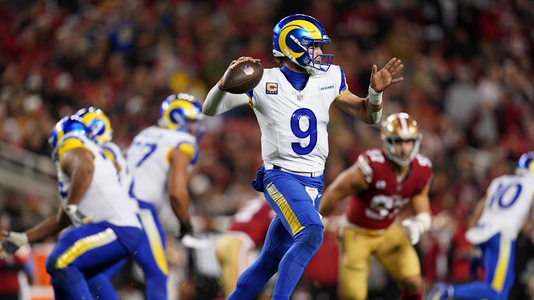 Dec 12, 2024; Santa Clara, California, USA; Los Angeles Rams quarterback Matthew Stafford (9) throws a pass against the San Francisco 49ers in the fourth quarter at Levi's Stadium. Mandatory Credit: Cary Edmondson-Imagn Images