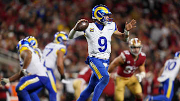 Dec 12, 2024; Santa Clara, California, USA; Los Angeles Rams quarterback Matthew Stafford (9) throws a pass against the San Francisco 49ers in the fourth quarter at Levi's Stadium. Mandatory Credit: Cary Edmondson-Imagn Images
