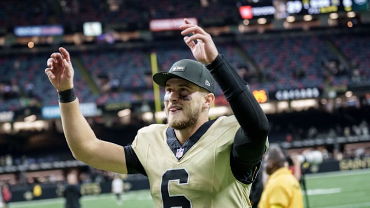 Dec 21, 2025; New Orleans, Louisiana, USA; New Orleans Saints quarterback Tyler Shough (6) smiles as he leaves the field after a game against the New York Jets at Caesars Superdome. Mandatory Credit: Matthew Hinton-Imagn Images