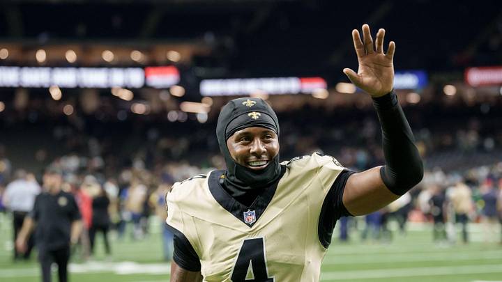 Dec 21, 2025; New Orleans, Louisiana, USA; New Orleans Saints cornerback Kool-Aid McKinstry (4) smiles as he leaves the field after a game against the New York Jets at Caesars Superdome. Mandatory Credit: Matthew Hinton-Imagn Images