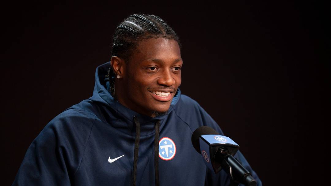 Tennessee Titans first round pick in the 2026 NFL Draft (and 4th overall) wide receiver Carnell Tate (14) speaks to the media after the Titans Rookie Camp Day 1 at Vanderbilt Health Football Center in Nashville, Tenn., Friday, May 1, 2026.