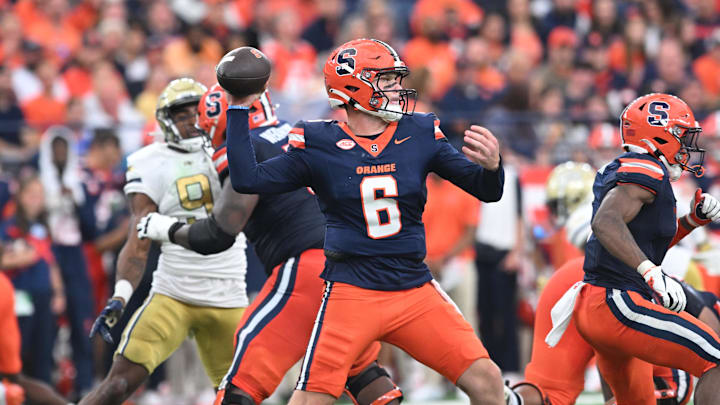 Sep 7, 2024; Syracuse, New York, USA; Syracuse Orange quarterback Kyle McCord (6) throws a pass in the second quarter against the Georgia Tech Yellow Jackets at the JMA Wireless Dome. Mandatory Credit: Mark Konezny-Imagn Images