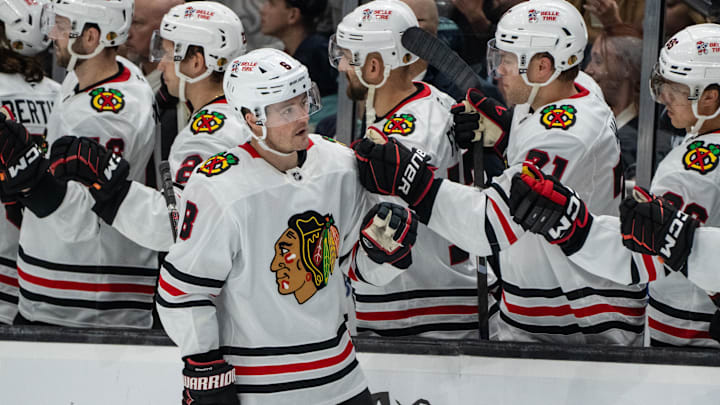 Nov 14, 2024; Seattle, Washington, USA;  Chicago Blackhawks forward Ryan Donato (8) is congratulated by teammates on the bench after scoring a goal during the third period against the Seattle Kraken at Climate Pledge Arena. Mandatory Credit: Stephen Brashear-Imagn Images
