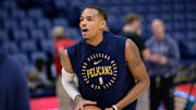 Jan 29, 2025; New Orleans, Louisiana, USA; New Orleans Pelicans guard Dejounte Murray warms up before a game against the Dallas Mavericks at Smoothie King Center. Mandatory Credit: Matthew Hinton-Imagn Images