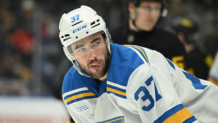 Mar 21, 2026; Vancouver, British Columbia, CAN;  St. Louis Blues center Jack Finley (37) looks on during the third period against the Vancouver Canucks at Rogers Arena. Mandatory Credit: Simon Fearn-Imagn Images