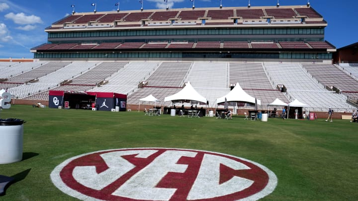 The SEC logo is pictured on the field at Gaylord Family-Oklahoma Memorial Stadium before a celebration for OU joining the Southeastern Conference in Norman, Okla., Monday, July 1, 2024.