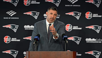 Jan 13, 2025; Foxborough, MA, USA; Mike Vrabel addresses media at a press conference to announce his hiring as the new head coach of the New England Patriots at Gillette Stadium. Mandatory Credit: Eric Canha-Imagn Images