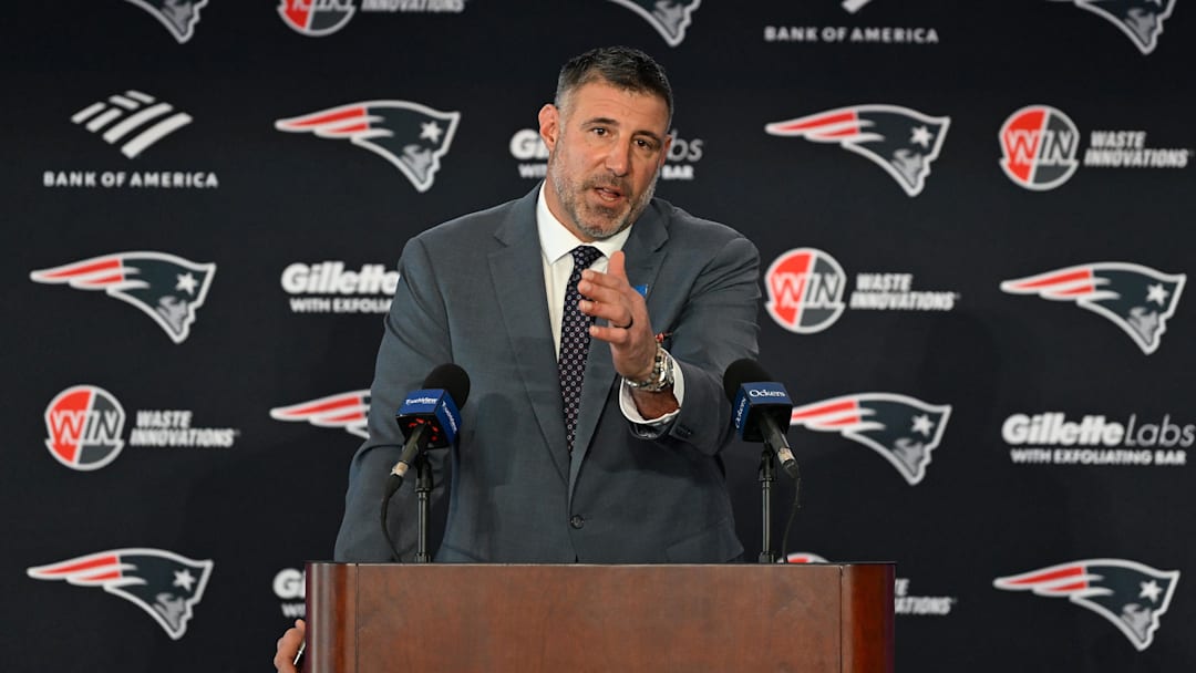 Jan 13, 2025; Foxborough, MA, USA; Mike Vrabel addresses media at a press conference to announce his hiring as the new head coach of the New England Patriots at Gillette Stadium. Mandatory Credit: Eric Canha-Imagn Images