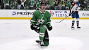 Apr 28, 2025; Dallas, Texas, USA; Dallas Stars left wing Mason Marchment (27) celebrates after he scores a goal against the Colorado Avalanche during the second period in game five of the first round of the 2025 Stanley Cup Playoffs at American Airlines Center. Mandatory Credit: Jerome Miron-Imagn Images