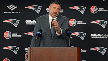 Mike Vrabel addresses the media at a press conference to announce his hiring as the new head coach of the New England Patriots at Gillette Stadium.