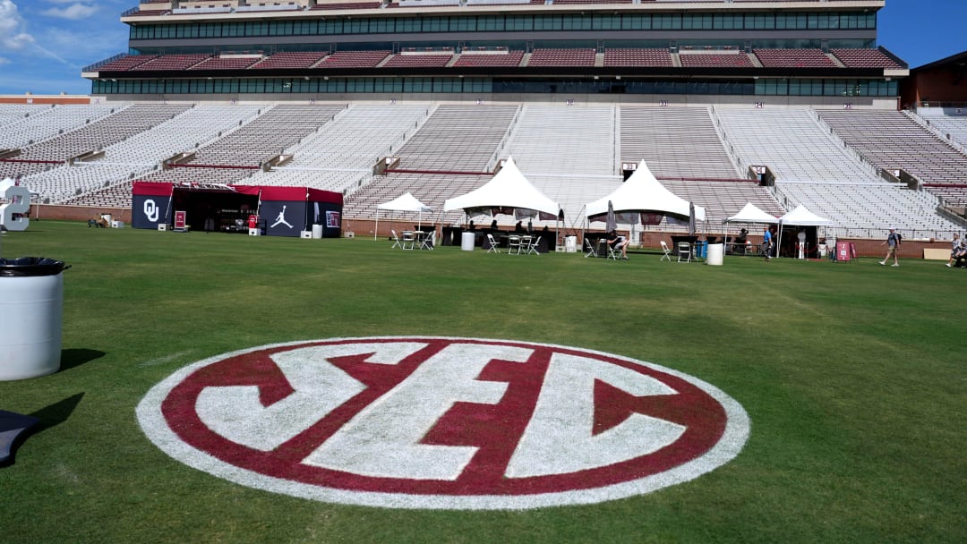 The SEC logo is pictured on the field at Gaylord Family-Oklahoma Memorial Stadium before a celebration for OU joining the Southeastern Conference in Norman, Okla., Monday, July 1, 2024.