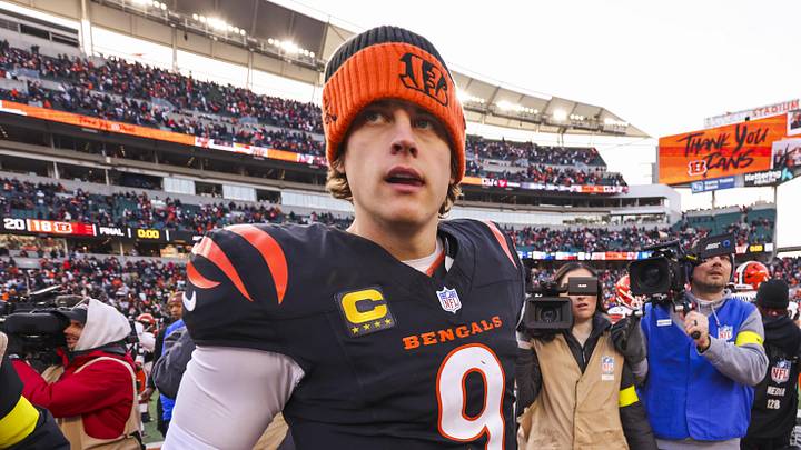 Jan 4, 2026; Cincinnati, Ohio, USA; Cincinnati Bengals quarterback Joe Burrow (9) walks to the locker room following a loss against the Cleveland Browns at Paycor Stadium. Mandatory Credit: Joseph Maiorana-Imagn Images