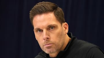 Carolina Panthers general manager Dan Morgan speaks during the NFL Scouting Combine.