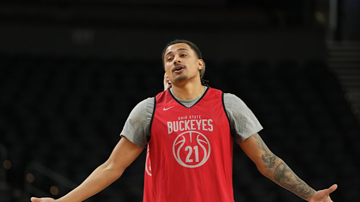 Mar 18, 2026; Greenville, SC, USA; Ohio State Buckeyes forward Devin Royal (21) during a practice session ahead of the first round of the men's 2026 NCAA Tournament at Bon Secours Wellness Arena. Mandatory Credit: Bob Donnan-Imagn Images