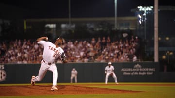 June 1, 2024; College Station, TX, USA; Texas Longhorns pitcher Lebarron Johnson Jr (57) pitches.
