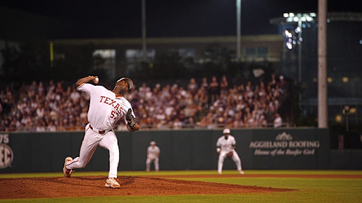 June 1, 2024; College Station, TX, USA; Texas Longhorns pitcher Lebarron Johnson Jr (57) pitches.