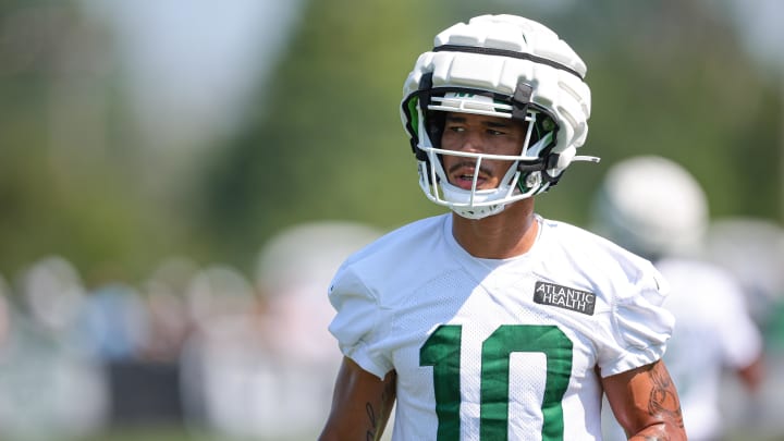 Jul 27, 2024; Florham Park, NJ, USA; New York Jets wide receiver Allen Lazard (10) looks on during training camp at Atlantic Health Jets Training Center