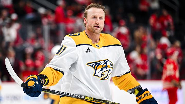 Nov 26, 2025; Detroit, Michigan, USA; Nashville Predators center Steven Stamkos (91) before the game against the Detroit Red Wings at Little Caesars Arena. Mandatory Credit: Tim Fuller-Imagn Images