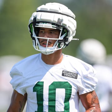 Jul 27, 2024; Florham Park, NJ, USA; New York Jets wide receiver Allen Lazard (10) looks on during training camp at Atlantic Health Jets Training Center.