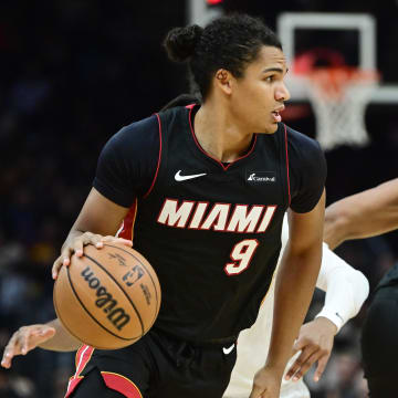 Nov 22, 2023; Cleveland, Ohio, USA; Miami Heat guard Dru Smith (9) brings the ball up court during the first half against the Cleveland Cavaliers at Rocket Mortgage FieldHouse. Mandatory Credit: Ken Blaze-USA TODAY Sports