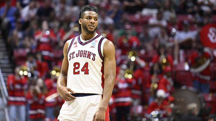 Mar 20, 2026; San Diego, CA, USA; St. John's  basketball forward Zuby Ejiofor (24) looks on in the first half against the Northern Iowa Panthers during a first round game of the men's 2026 NCAA Tournament at Viejas Arena. Mandatory Credit: Denis Poroy-Imagn Images