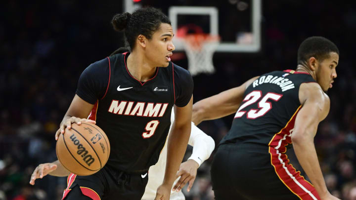Nov 22, 2023; Cleveland, Ohio, USA; Miami Heat guard Dru Smith (9) brings the ball up court during the first half against the Cleveland Cavaliers at Rocket Mortgage FieldHouse. Mandatory Credit: Ken Blaze-USA TODAY Sports