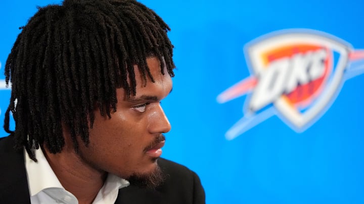 Dillon Jones speaks during an introductory press conference for the 2024 Thunder draft picks at Oklahoma Contemporary Arts Center in Oklahoma City, Saturday, June, 29, 2024.