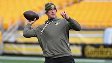 Nov 16, 2025; Pittsburgh, Pennsylvania, USA; Pittsburgh Steelers quarterback Aaron Rodgers warms up for a game giants the Cincinnati Bengals at Acrisure Stadium. Mandatory Credit: Barry Reeger-Imagn Images
