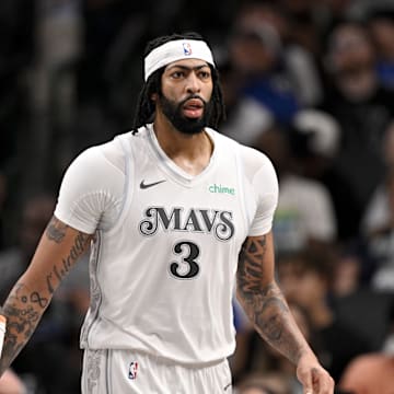 Feb 8, 2025; Dallas, Texas, USA; Dallas Mavericks guard Kyrie Irving (11) and forward Anthony Davis (3) during the game between the Dallas Mavericks and the Houston Rockets at the American Airlines Center. Mandatory Credit: Jerome Miron-Imagn Images