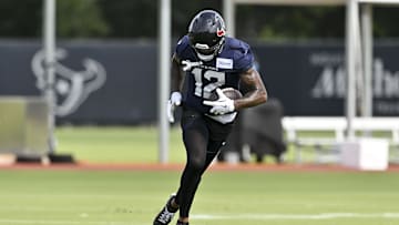 Jun 10, 2025; Houston, TX, USA; Houston Texans wide receiver Nico Collins (12) participates in a drill during an NFL football minicamp at NRG Stadium. Mandatory Credit: Maria Lysaker-Imagn Images 
