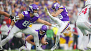 Dec 1, 2024; Minneapolis, Minnesota, USA; Minnesota Vikings place kicker John Parker Romo (96) kicks a field goal against the Arizona Cardinals in the first quarter at U.S. Bank Stadium. Mandatory Credit: Brad Rempel-Imagn Images