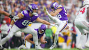 Dec 1, 2024; Minneapolis, Minnesota, USA; Minnesota Vikings place kicker John Parker Romo (96) kicks a field goal against the Arizona Cardinals in the first quarter at U.S. Bank Stadium. Mandatory Credit: Brad Rempel-Imagn Images