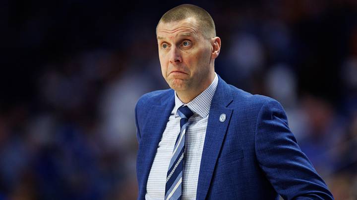 Feb 7, 2026; Lexington, Kentucky, USA; Kentucky Wildcats head coach Mark Pope reacts to the action during the first half against the Tennessee Volunteers at Rupp Arena at Central Bank Center. Mandatory Credit: Jordan Prather-Imagn Images