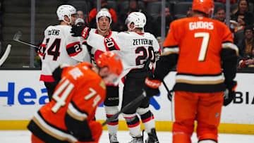 Nov 20, 2025; Anaheim, California, USA; Ottawa Senators center Dylan Cozens (24), defenseman Nick Jensen (3) and left wing Fabian Zetterlund (20) celebrate after a goal Anaheim Ducks in the first period at Honda Center. Mandatory Credit: Kirby Lee-Imagn Images