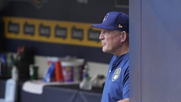 Jun 29, 2025; Milwaukee, Wisconsin, USA; Milwaukee Brewers manager Pat Murphy (49) looks on from the dugout agains the Colorado Rockies in the first inning at American Family Field. Mandatory Credit: Michael McLoone-Imagn Images