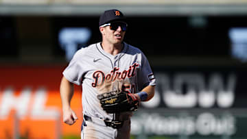 May 8, 2025; Denver, Colorado, USA; Detroit Tigers center fielder Brewer Hicklen (50) during the fifth inning against the Colorado Rockies at Coors Field.