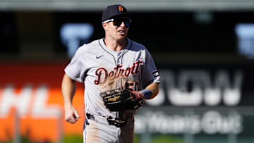 May 8, 2025; Denver, Colorado, USA; Detroit Tigers center fielder Brewer Hicklen (50) during the fifth inning against the Colorado Rockies at Coors Field. Mandatory Credit: Ron Chenoy-Imagn Images