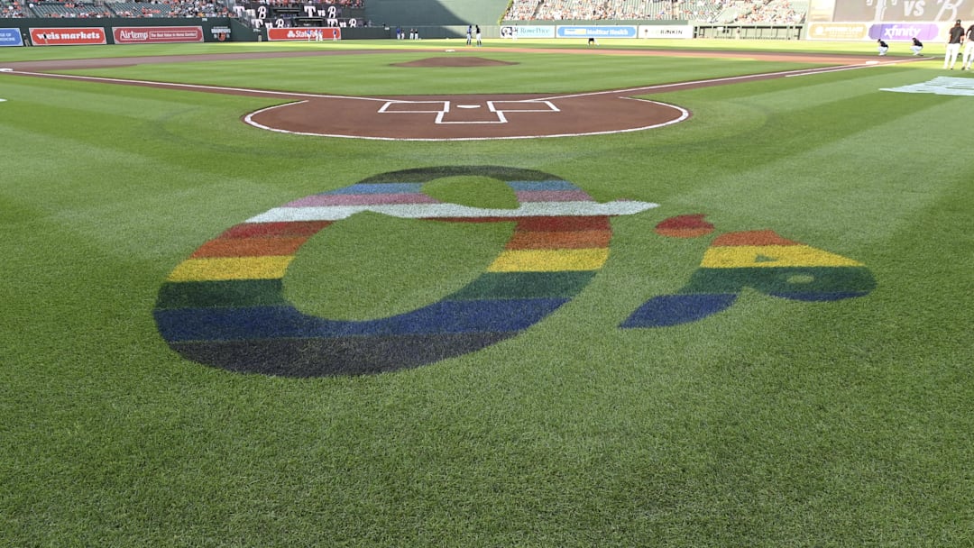 Jun 28, 2024; Baltimore, Maryland, USA;    A general  view of the Baltimore Orioles logo on the field before the game against the Texas Rangers at Oriole Park at Camden Yards. Mandatory Credit: Tommy Gilligan-Imagn Images