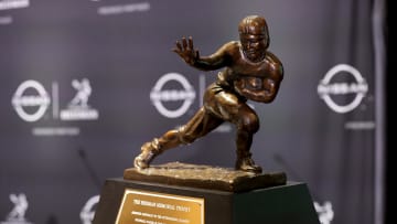 Dec 9, 2023; New York, New York, USA; Detailed view of the Heisman trophy before a press conference.