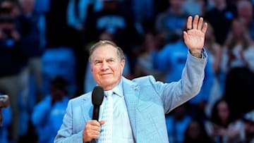 Dec 14, 2024; Chapel Hill, North Carolina, USA; North Carolina Tar Heels head football coach Bill Belichick during half time at Dean E. Smith Center. Mandatory Credit: Bob Donnan-Imagn Images