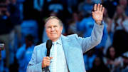Dec 14, 2024; Chapel Hill, North Carolina, USA; North Carolina Tar Heels head football coach Bill Belichick during half time at Dean E. Smith Center. Mandatory Credit: Bob Donnan-Imagn Images