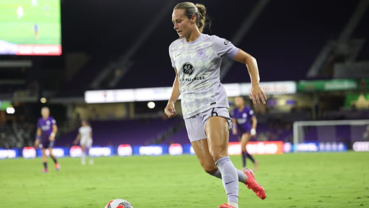 Aug 1, 2024; Orlando, Florida, USA; Racing Louisville FC midfielder Jaelin Howell (6) plays the ball in the second half against the Orlando Pride at Inter&Co Stadium. Mandatory Credit: Nathan Ray Seebeck-USA TODAY Sports